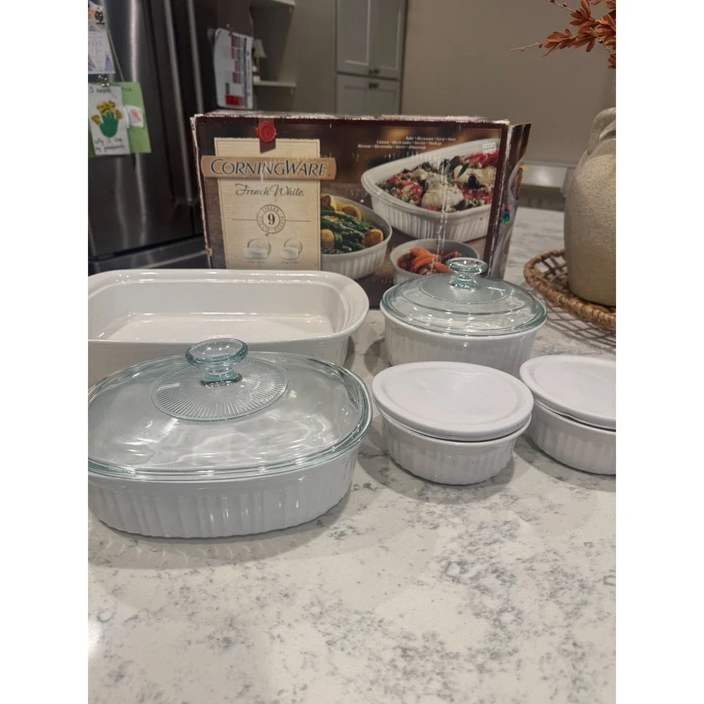 CorningWare French White 9 Piece Bakeware SetStoneware Casserole Dishes WhiteNIB